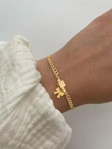 Women's Stainless Steel Cuban Chain Bracelet, Letter Bow Pendant Design, Casual All-Season Jewelry Accessory