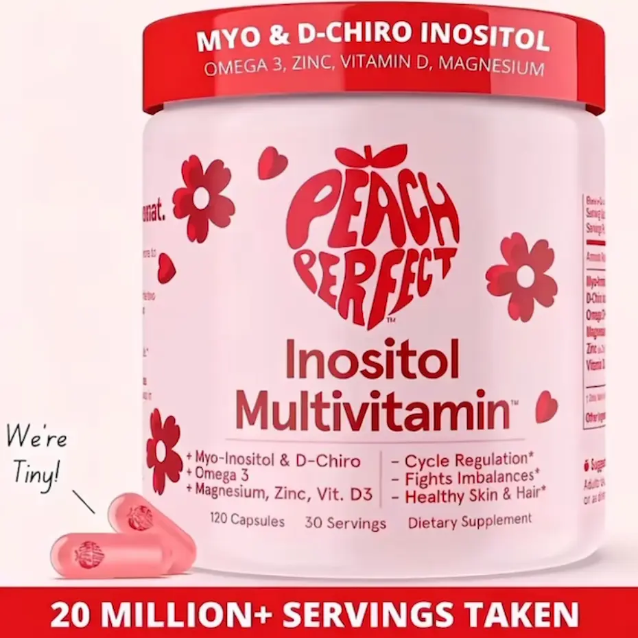 Peach Perfect Happy Hormones PCOSMultivitamin - Myo-Inositol & D-Chiro Inositol,Omega 3, Zinc, Vit D, 120 Capsules, Acne Support& Energy Supplement, GMO Free, EssentialVitamins & Minerals