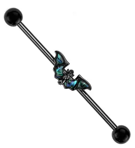 Black PVD Abalone Bat Wing Stainless Steel Industrial Barbell Black PVD Abalone Bat Wing Stainless Steel Industrial Barbell