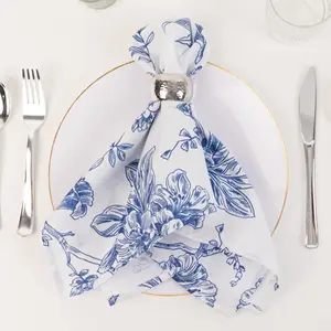 5 Pack Polyester Dinner Napkins 20"x20" White with Blue French Toile Pattern - Chic Floral Cloth Napkins