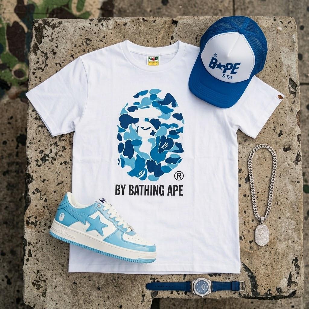 A BATHING APE Blue Camo Ape Head White Tee - Premium Graphic Streetwear Cotton T-Shirt Unisex