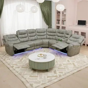 ower Recliner Sectional Sofa with LED Light, Breathing Leather Recliner Sofa Couch with Storage/Cup Holder for Living Room Home Office Theater (Grey）