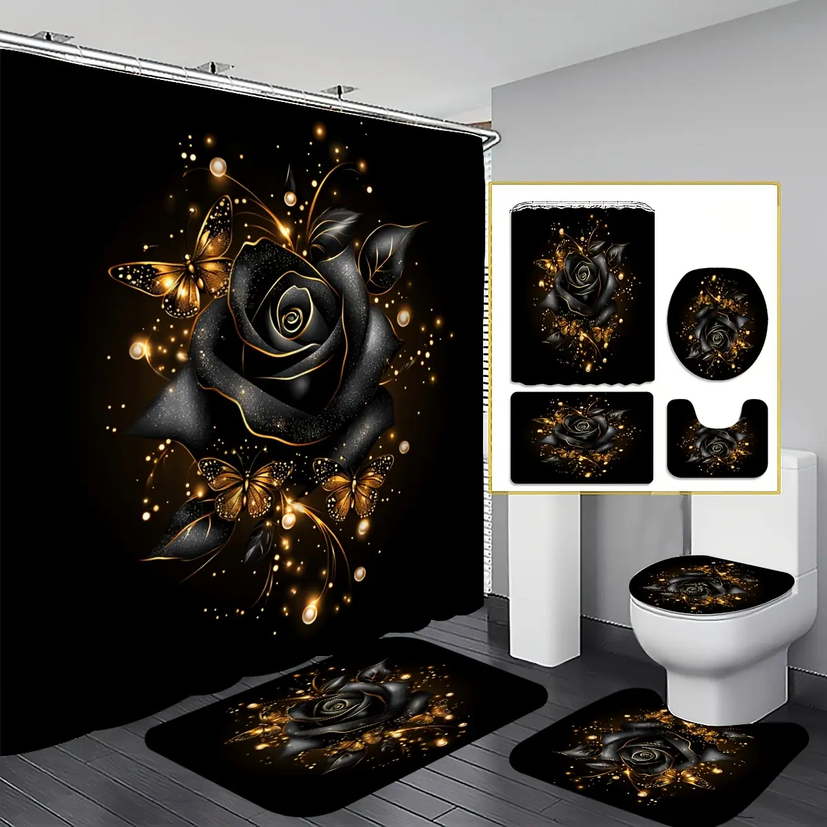 2D Flat 4pcs Midnight Rose Shower Curtain Set, Black Golden Floral Design Bathroom Decor, Accessories with Bath Mat, U-shaped Mat, Toilet Lid Cover, 12 Hooks 70.87x70.87inch Curtain, Romantic Touch, Home Decor, Bathroom Accessories