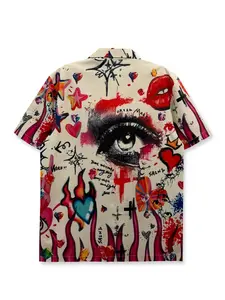 Valentine's Day Printed Shirt, Casual Graphic Shirt, Top, Hip Hop Street Style, Eye Flame Heart Lip Print, Casual Fashion, Young Trendy, Artistic Design, Short Sleeve