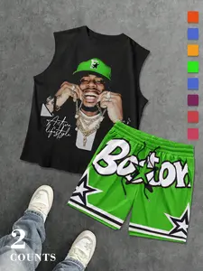 2-Piece Set with American Street Style, Portrait Print + Colorblock Shorts, Loose Fit, Casual Fitted, Letters Pattern, No Ca_prop_65_re/ca