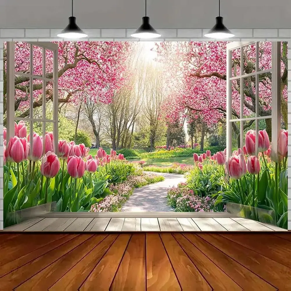 1pc Polyester Multi-Size 2D Flat Window-Style Spring Tulip & Cherry Blossom Floral Print Banner - Pink White Wall Decoration for Weddings, Happy Birthday - Photo Backdrop (Festive & Home Supplies)