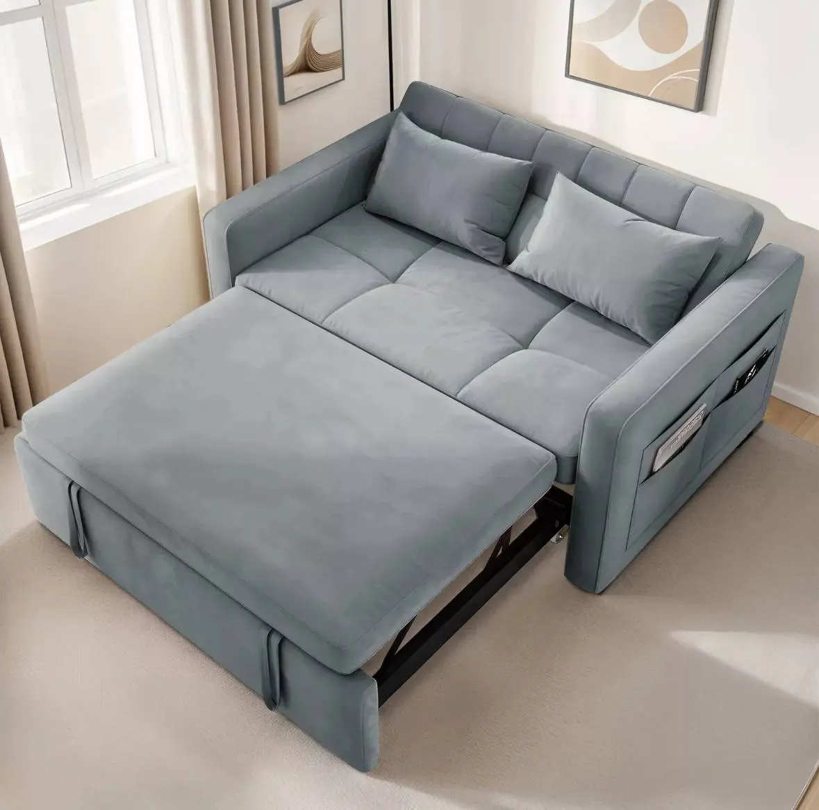 55" 3 in 1 Convertible Sleeper Sofa Bed Velvet Loveseat Pull Out Sofa Bed Couch