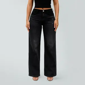 Women's BBL jeans with low waist, elastic, loose and comfortable black wide leg, coarse twill cotton with roll control, minimalist basic pantsRAIMENTRY