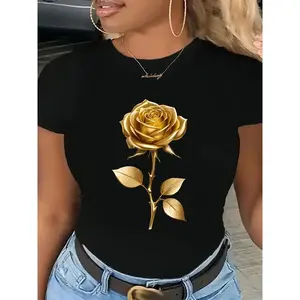 Unique Golden Rose Pattern T-Shirt- Vibrant Yellow Short Sleeve, Women'S Casual Round Neck T-Shirt, Machine Washable Shirt Clothes Top