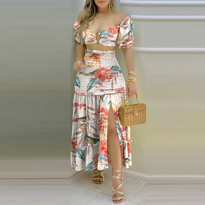 Spring Women's Off-Shoulder Printed Split Skirt Two-Piece Summer Set,Pink,Heart,Hoodie,elegant,Sweatpants,fashion