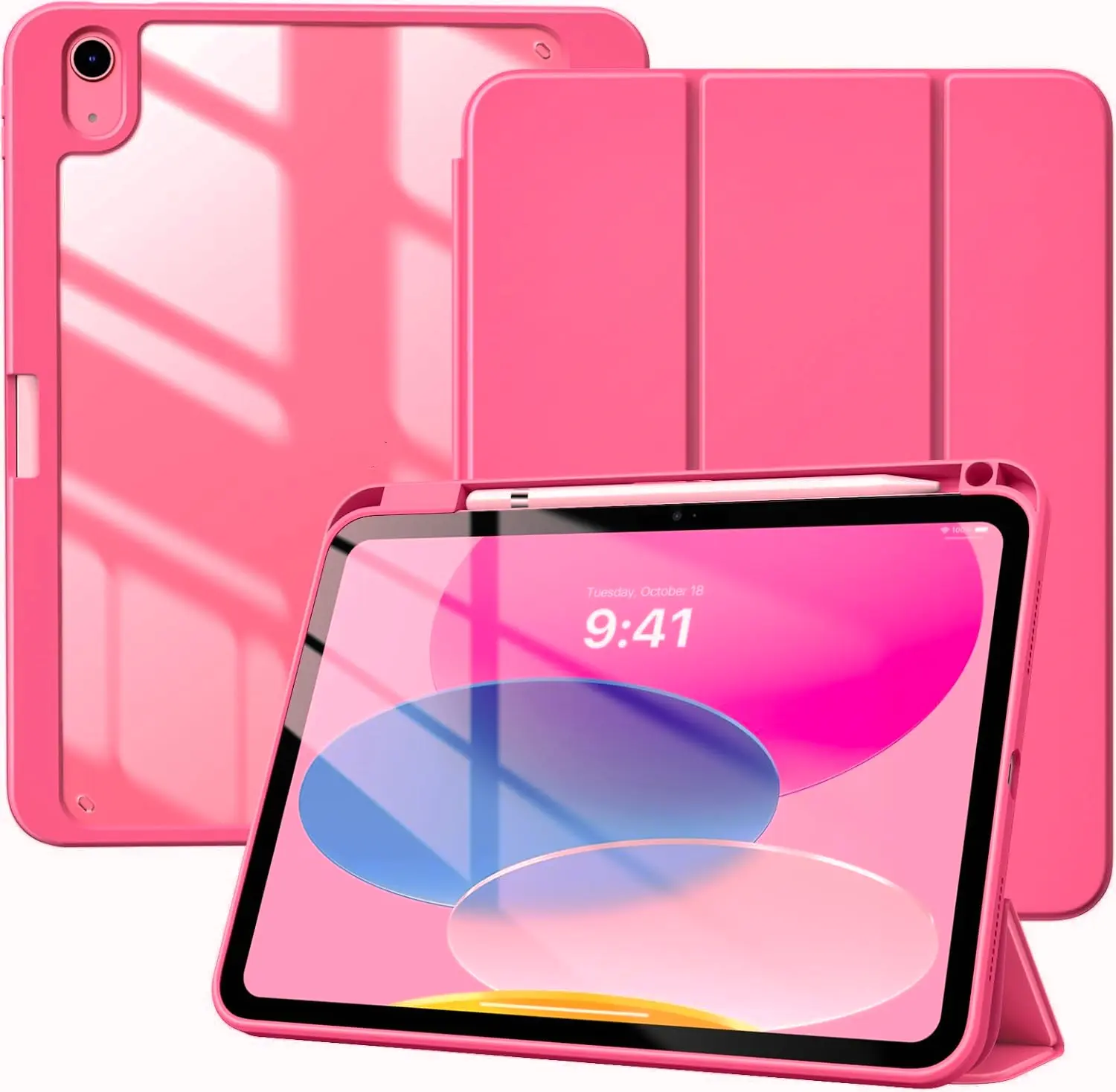 iPad Case for iPad A16 11th Gen 11in & A10 10.9in, PU Leather Tri-Fold Stand Cover with Pencil Holder, Slim Crystal Shell, TPU Frame (Thermoplastic Polyurethane), Auto Wake/Sleep, Protective Clear Back Casing