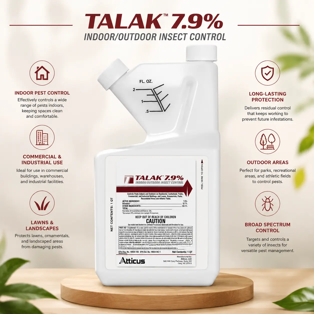 Atticus Talak Bifenthrin Concentrate Insect Control - 7.9% Strength, 32 oz, Indoor/Outdoor Use, Window Application
