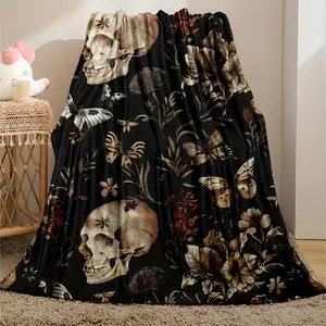 Skull & Floral Flannel Throw Blanket - Soft, Warm, and Cozy for Couch, Bed, Travel, and Office - Versatile All-Season Gift