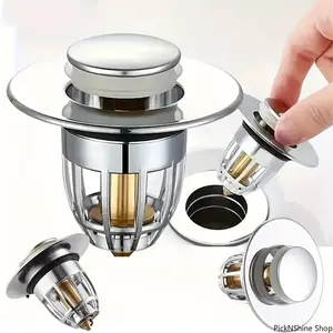 Universal Pop Up Sink Drain Stopper, Chrome Rebound Filter With Hair Catcher, Push Type Functional Accessory For Bathroom Basin, Stops Hair Blocks Debris Prevents Pipe Clogging For Daily Household Sanitary Drainage Use