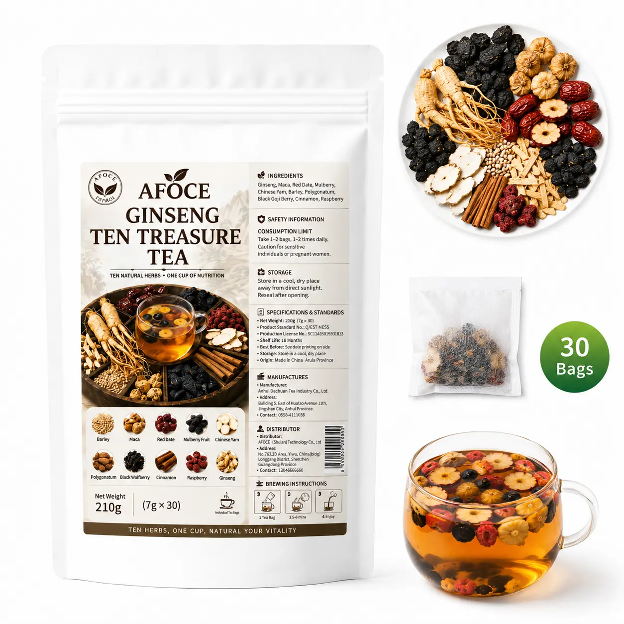 AFOCE Kidney Tea - Ginseng 10-Treasure Men's Herbal Tea Bags with Red Date, Goji Berry and Mulberry for Daily Tea Routine