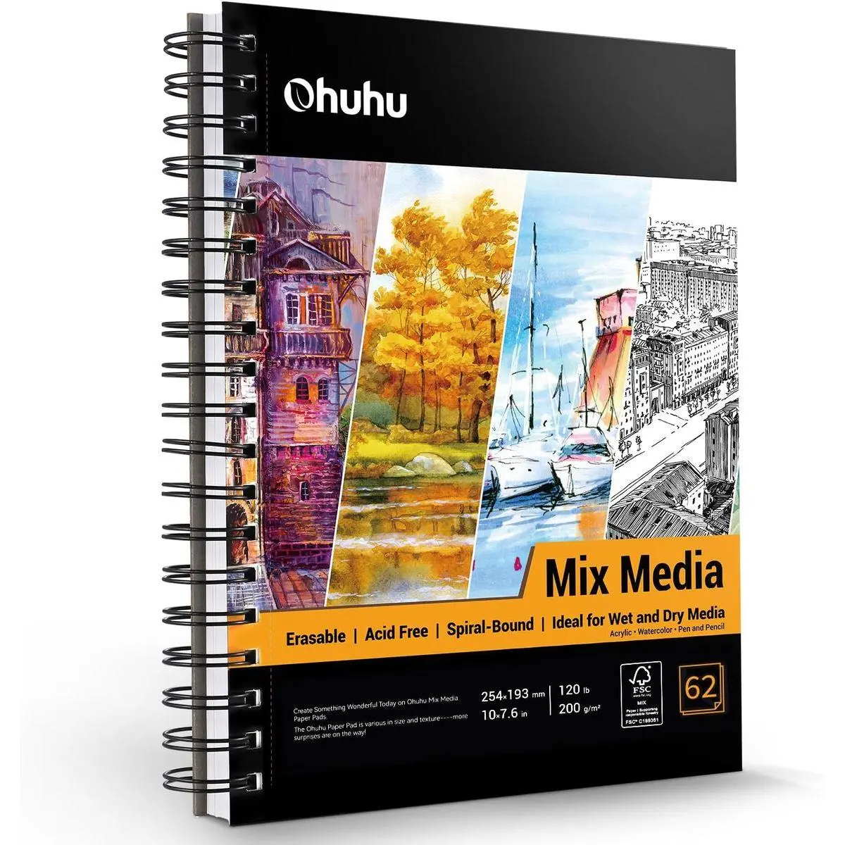 Mix Media Pad, 7" x 10" Mixed Media Art Sketchbook, 120 LB/200 GSM Heavyweight Papers, 62 Sheets/124 Pages, Spiral Bound Mixed Media Paper Pad for Acrylic, Painting Christmas Gift