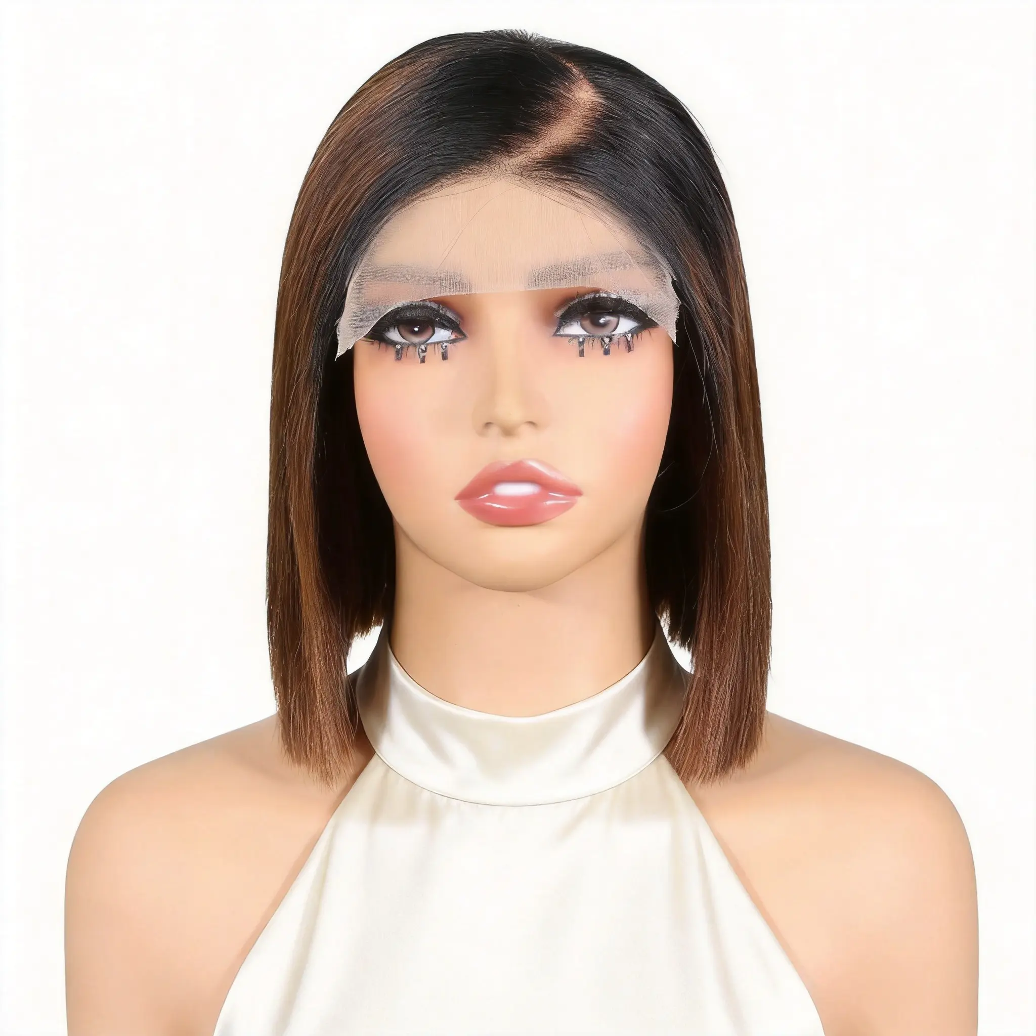 T1B/4 Ombre #4 Chocolate Brown Glueless Straight Short Bob Wig With Drawstring Pre-cut 5x5 HD Lace Human Hair Wigs With with Left C Part Pre plucked Pre Bleached Knots 180% Side Part Wig Beginner Friendly Natural Hairline Summer Hairstyles