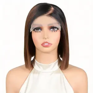 T1B/4 Ombre #4 Chocolate Brown Glueless Straight Short Bob Wig With Drawstring Pre-cut 5x5 HD Lace Human Hair Wigs With with Left C Part Pre plucked Pre Bleached Knots 180% Side Part Wig Beginner Friendly Natural Hairline