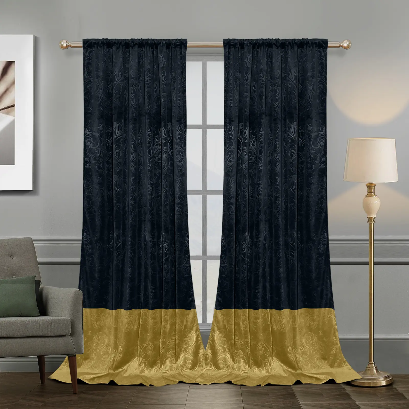 BTTO 2 Panels Luxury Crushed Velvet Color Block Curtain Floral Damask Pattern Thicken Window Curtain Darkening Drapes Thermal Isolate Light Heat Blocking Curtain Rod Pocket Back Tap Clip Pleat Hook Pin Hook Heading Living Room Bedroom Home Textile, Floral