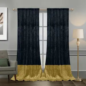 BTTO 2 Panels Luxury Crushed Velvet Color Block Curtain Floral Damask Pattern Thicken Window Curtain Darkening Drapes Thermal Isolate Light Heat Blocking Curtain Rod Pocket Back Tap Clip Pleat Hook Pin Hook Heading Living Room Bedroom Home Textile, Floral