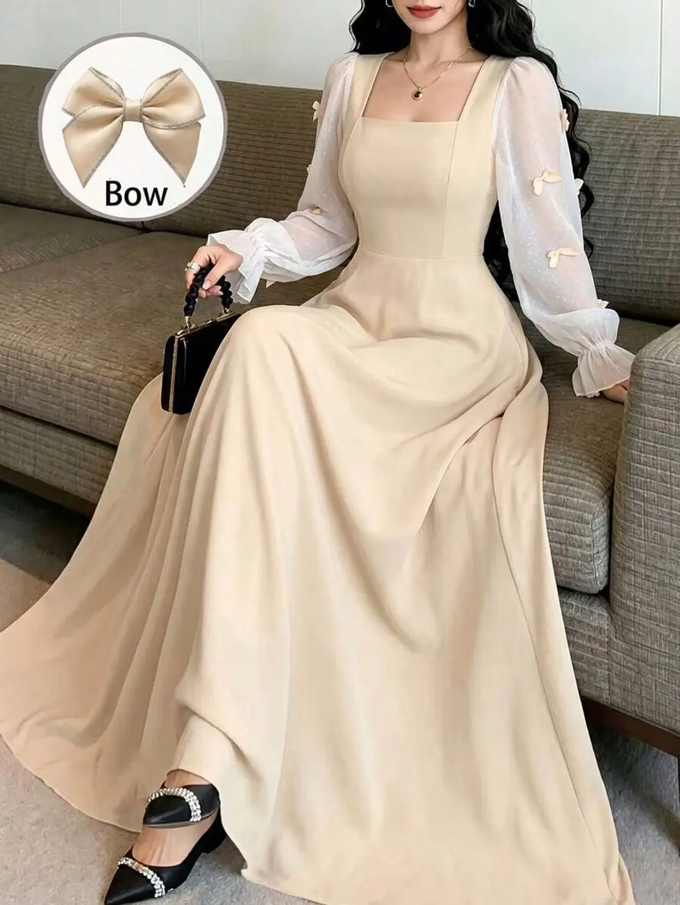 Women's Woven Patchwork Dress With Bow Decor And Waist Cinching