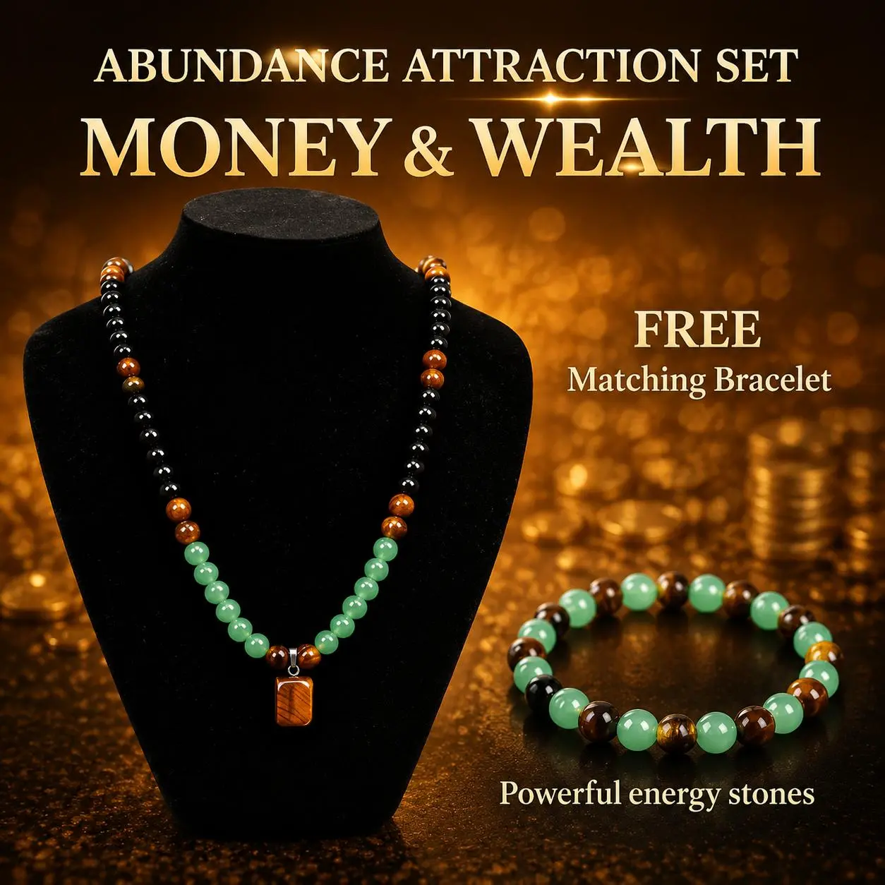 Natural Crystal Positive Energy Protection Necklaces & Bracelets Set - Green Aventurine, Tiger Eye Pendant, Long/Sweater Chain, Ideal Gift for Women, Daily Wear, Anniversary & Vacation Jewelry, Adjustable Fit, Colorblock Design