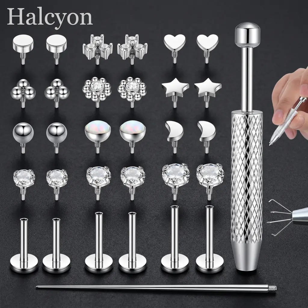Halcyon Comfortable Flat Back 16G 18G Labret Piercing Set, Surgical Steel Internally Threaded CZ Tragus Helix Conch Nose Studs, 6-10mm Daily Wear Unisex Gift