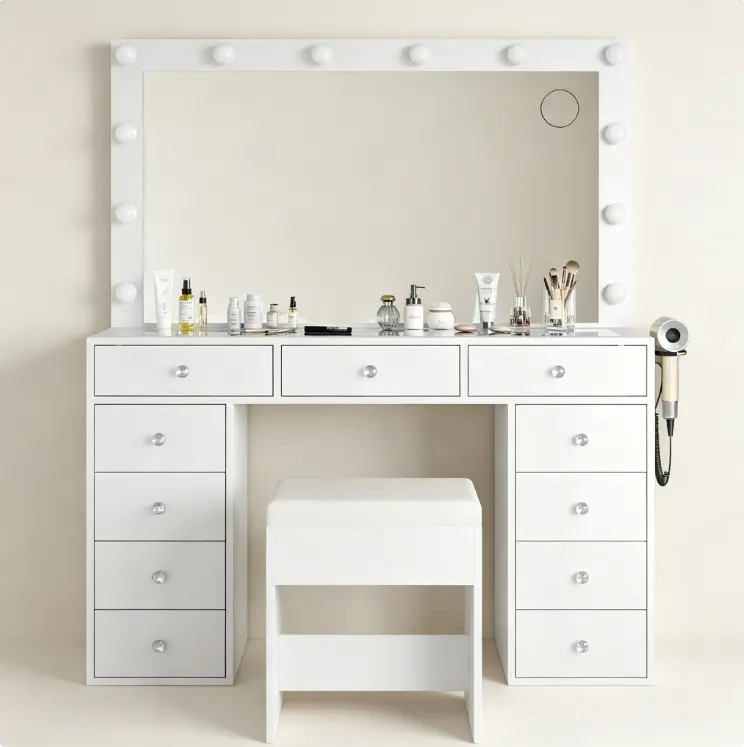 2‑in‑1 Vanity Desk & Writing Table, Modern Makeup Dressing Table with 5 Storage Drawers, Multi‑Purpose Vanity Table for Bedroom, Home Office