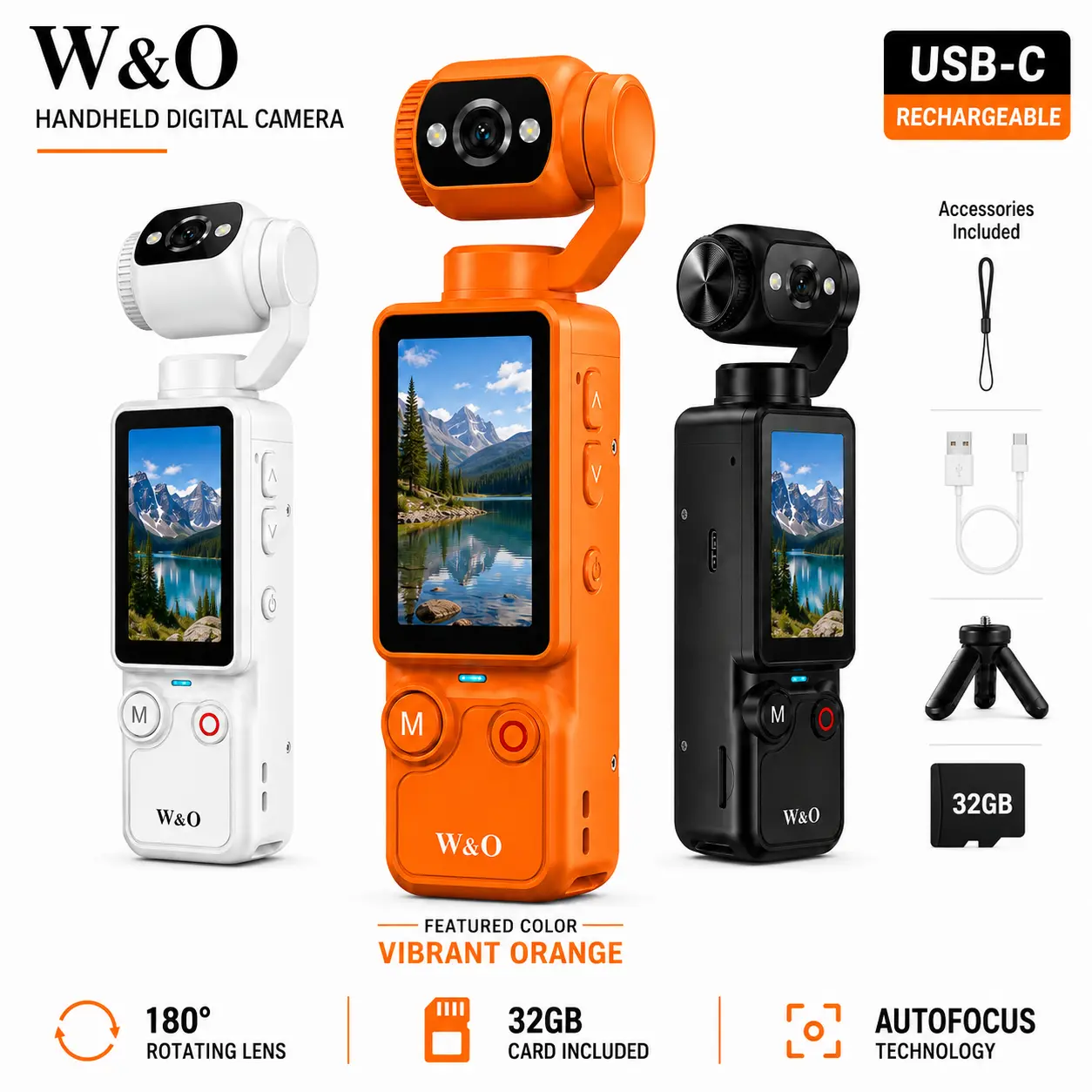 W&O Q7 Autofocus Vlogging Camera for Content Creators, 180° Rotating Lens Handheld Digital Camera, 1.9" Screen, USB-C Rechargeable, 32GB Card & Mini Tripod Included, Portable Camera for Students, Travel & Back to School Recording Memory Charging