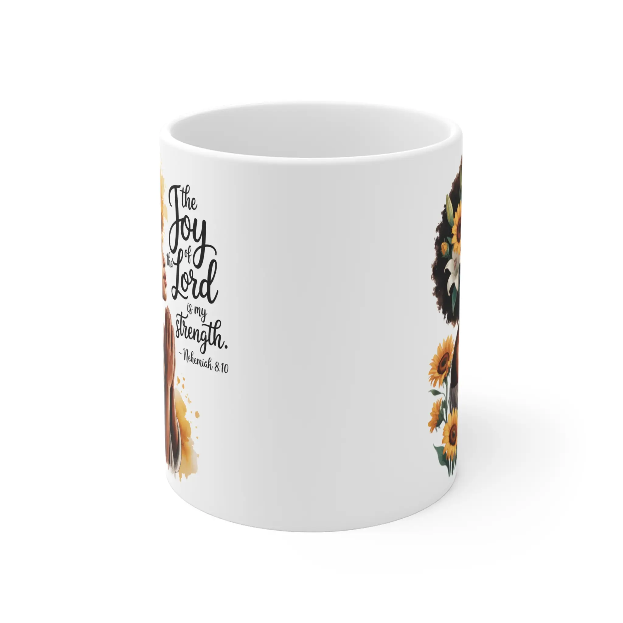 Praying Woman with Sunflowers Mug | The Joy of the Lord is my Strength, Nehemiah 8:10