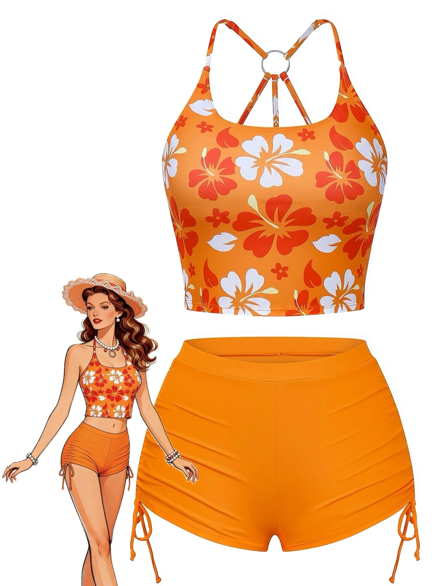 Orange 1960s Floral Backless Bikini Set vacation swimwear for women cute summer outfits Orange 1960s Floral Backless Bikini Set vacation swimwear for women cute summer outfits
