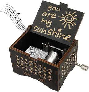 Vintage Engraved Wooden Music Box, "You Are My Sunshine" Hand Crank Music Box, Cute Keepsake Gift
