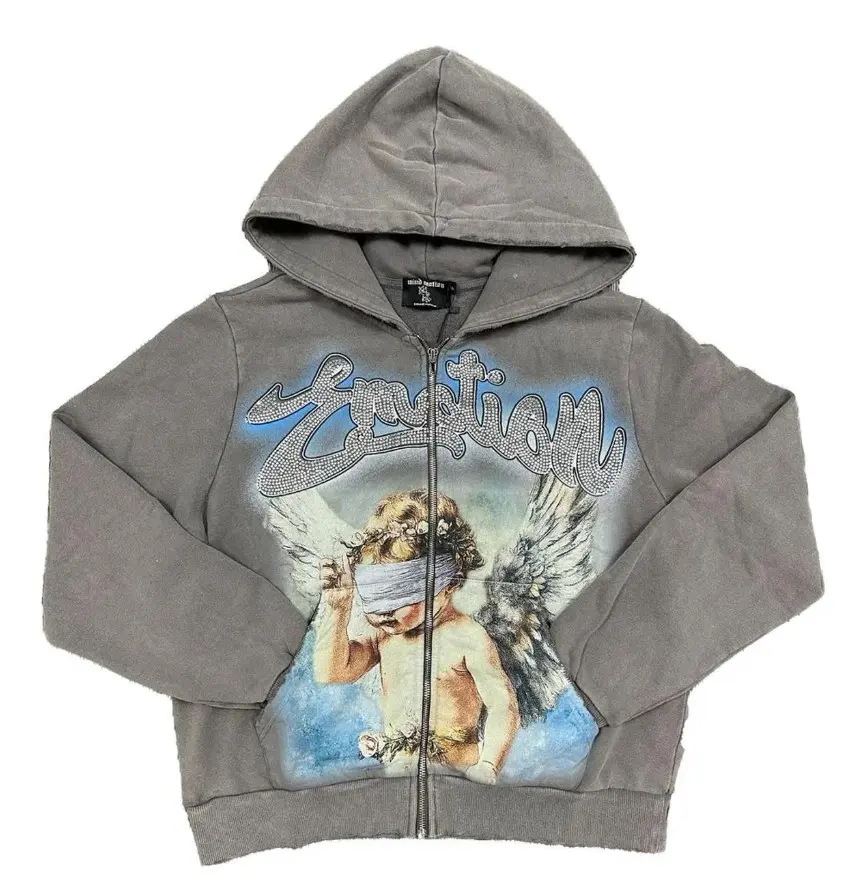 Unisex Grey Rhinestone Mixed Emotions Hoodie - Vintage Y2K Patchwork Streetwear Pullover, Colorful Graphic Hooded Top, Retro Urban Fall Winter Casual Sports Sweatshirt
