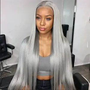 32 inches Grey Color Long Straight Wig Glueless Heat Resistant Synthetic Lace Frontal Wig for Women Natural Look