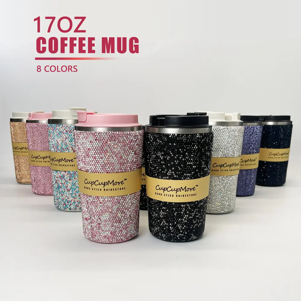 Cupcupmore Multi-Color Glam Rhinestone Vacuum Flask Mug - Double-Wall Stainless Steel Heat-Resistant Insulated Tumbler, Leak-Proof Lid, Portable Coffee Drinkware for Women, Keeps Cold 12H & Hot 6H