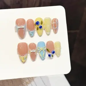 10Pcs Handmade Press On Nails Reusable False Nails Pink Yellow Color Block Wearable Nails Lemon Blueberry Sweet Fresh Whitening Nail Tips for Women Girls Party Daily Use Precise All-in-One Eyeliner