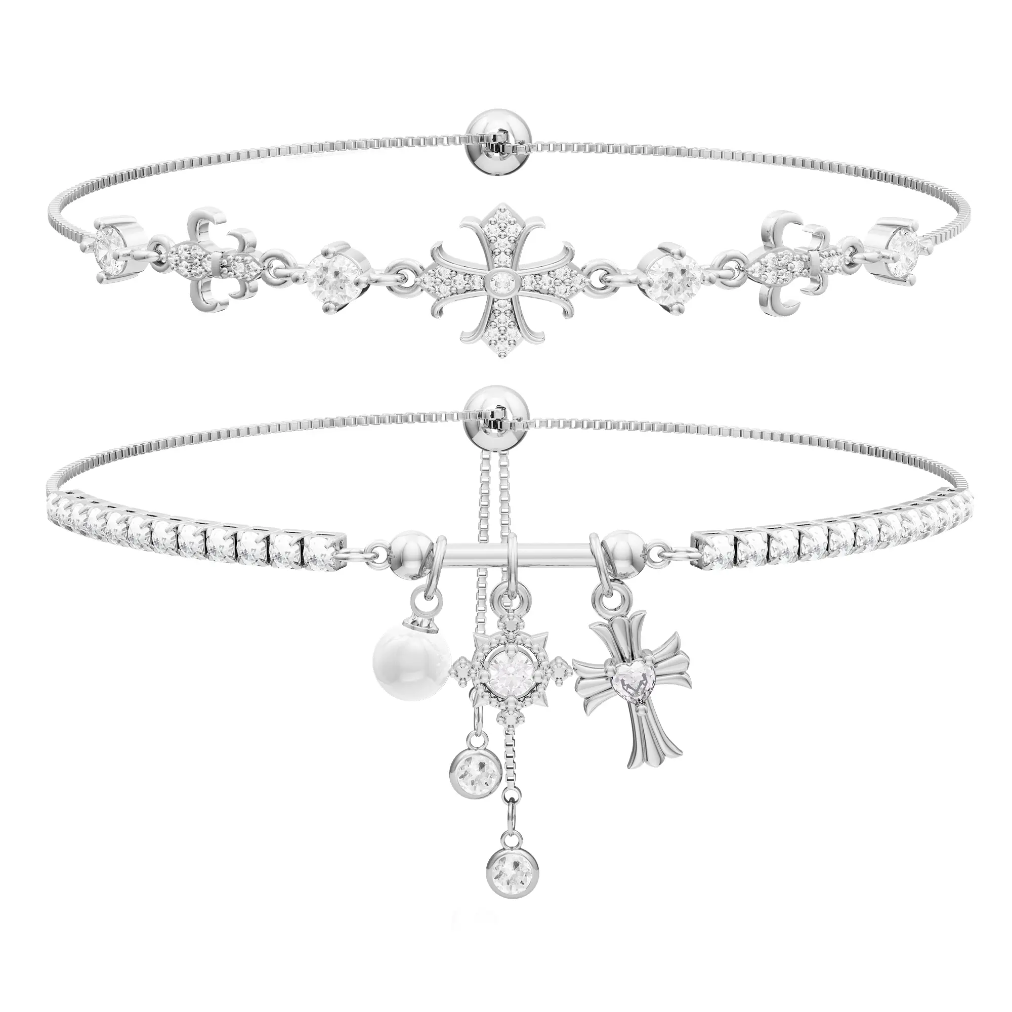 Double-layer silver diamond cross bracelet