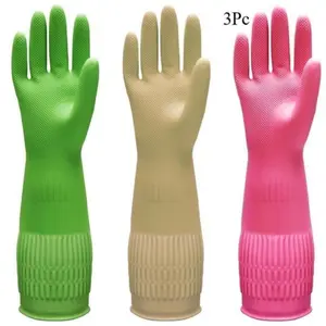 Cleaning Gloves, 3 Pairs Reusable 15" Long-Cuff Non-Slip Durable Waterproof Rubber Gloves, Flexible XL Size for Kitchen Household Use (3 Colors), Reusable Gloves