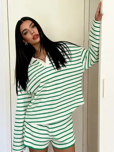 Women's Casual Striped Sportswear Set, Workout Sets Women, Long Sleeve V-Neck Loose Top Stand Collar Tee Gym Shorts Two-Piece, Summer Athletic Wear