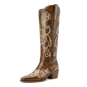 Womens Block Low Heel Knee High Square Toe riding Floral Embroidery Western Cowgirl Boots 2.2 Inches Heels trendy