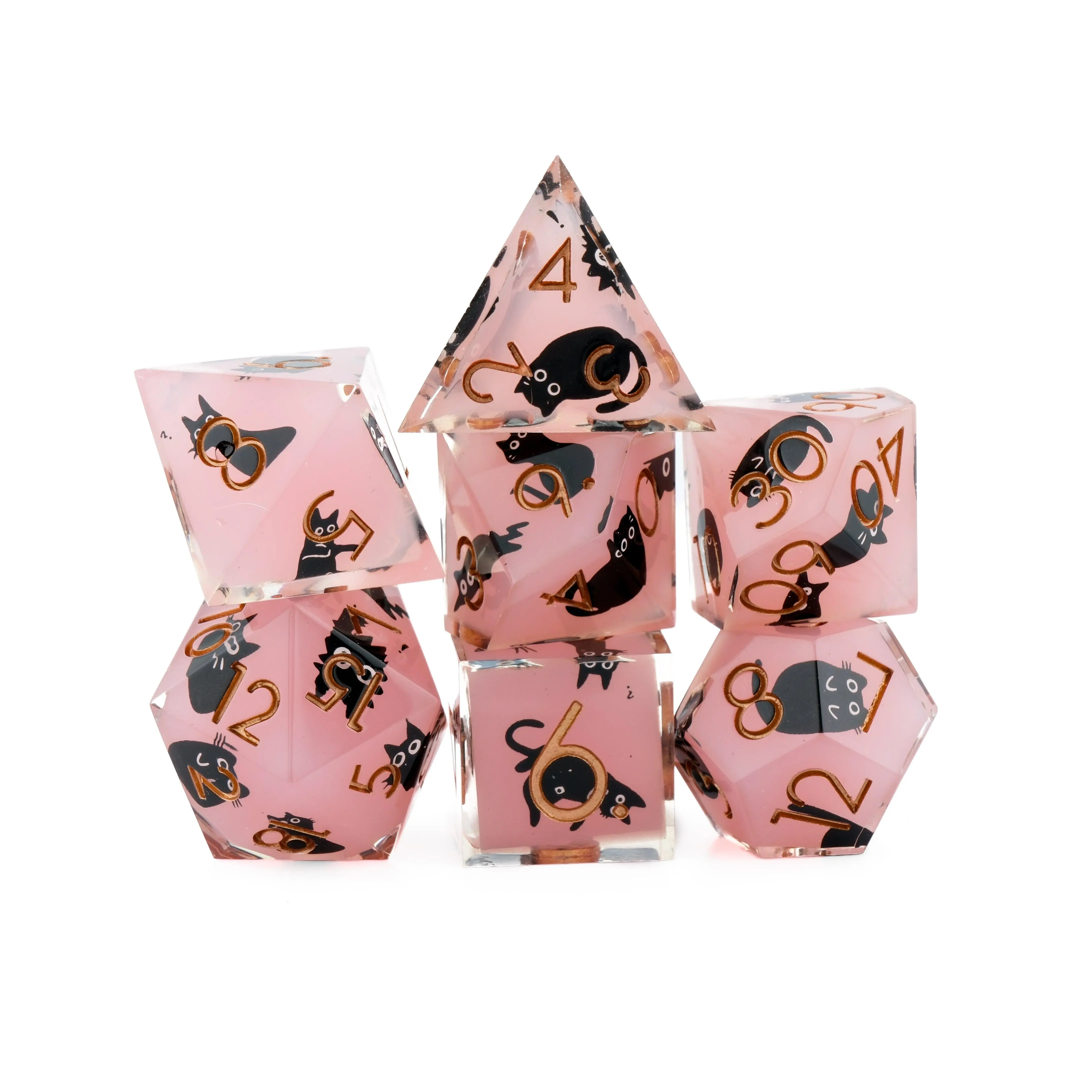 Witch's Familiar Pink Cat 7-Piece D20 Dice Set for Tabletop RPGs