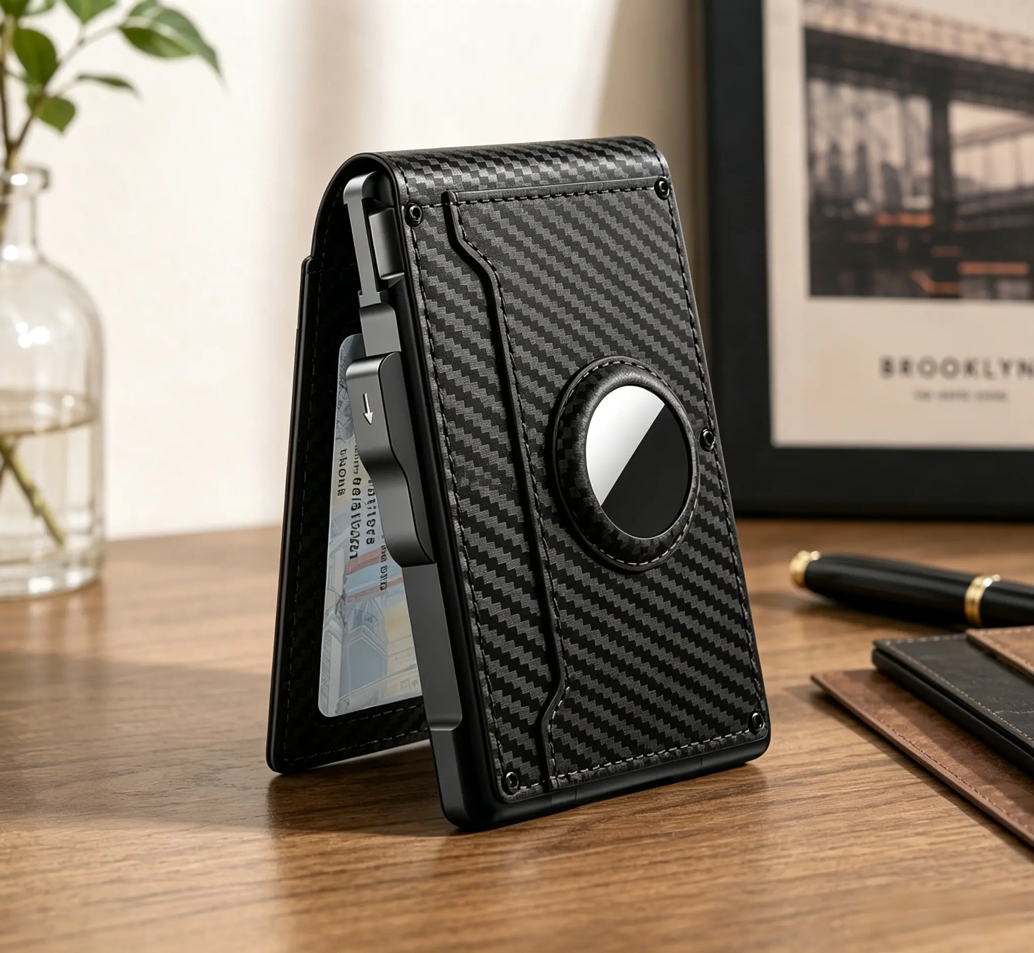 Men's Slim Fit Business Style Carbon Fiber Bifold Leather Multi-Functional Wallet - RFID Protected Credit Card Holder with AirTag Slot, Pop-Up 7-9 Card Capacity, Magnetic 5-Cash Bill Clip, Daily Use Father’s Day Gift (AirTag Not Included)