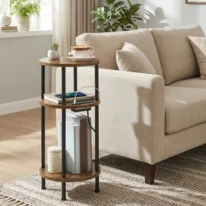 HOOBRO Small Round Side Table, 3-Tier Compact Sofa End Table with Charging Station, Circle Bedside Table Nightstand with Storage, for Small Space, Living Room, Bedroom, Rustic Brown
