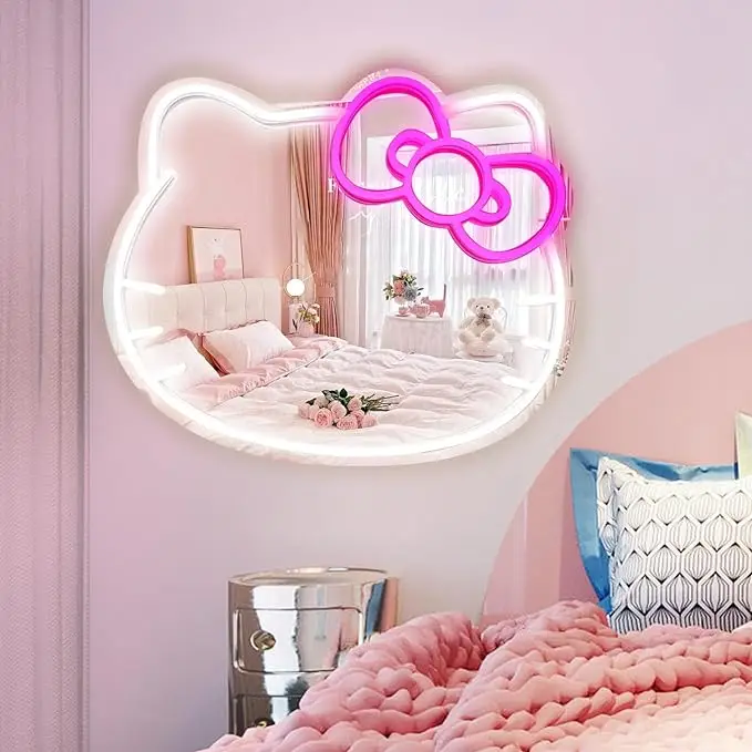【FaddishDeal】Kitty Face home Decorative mirror for dressers, lockers, living rooms, neon lit acrylic mirror with dimmable pink trim Gift Decoration