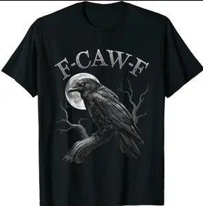 100% Cotton Black Crow F-Caw-F Funny Black Bird Moon Gothic Adult Humor T-Shirt, Streetwear Graphic Tee, Casual Unisex Top, Cool Raven Novelty Shirt, Dark Humor Apparel, Gift for Men & Women, Comfortable Cotton Tee