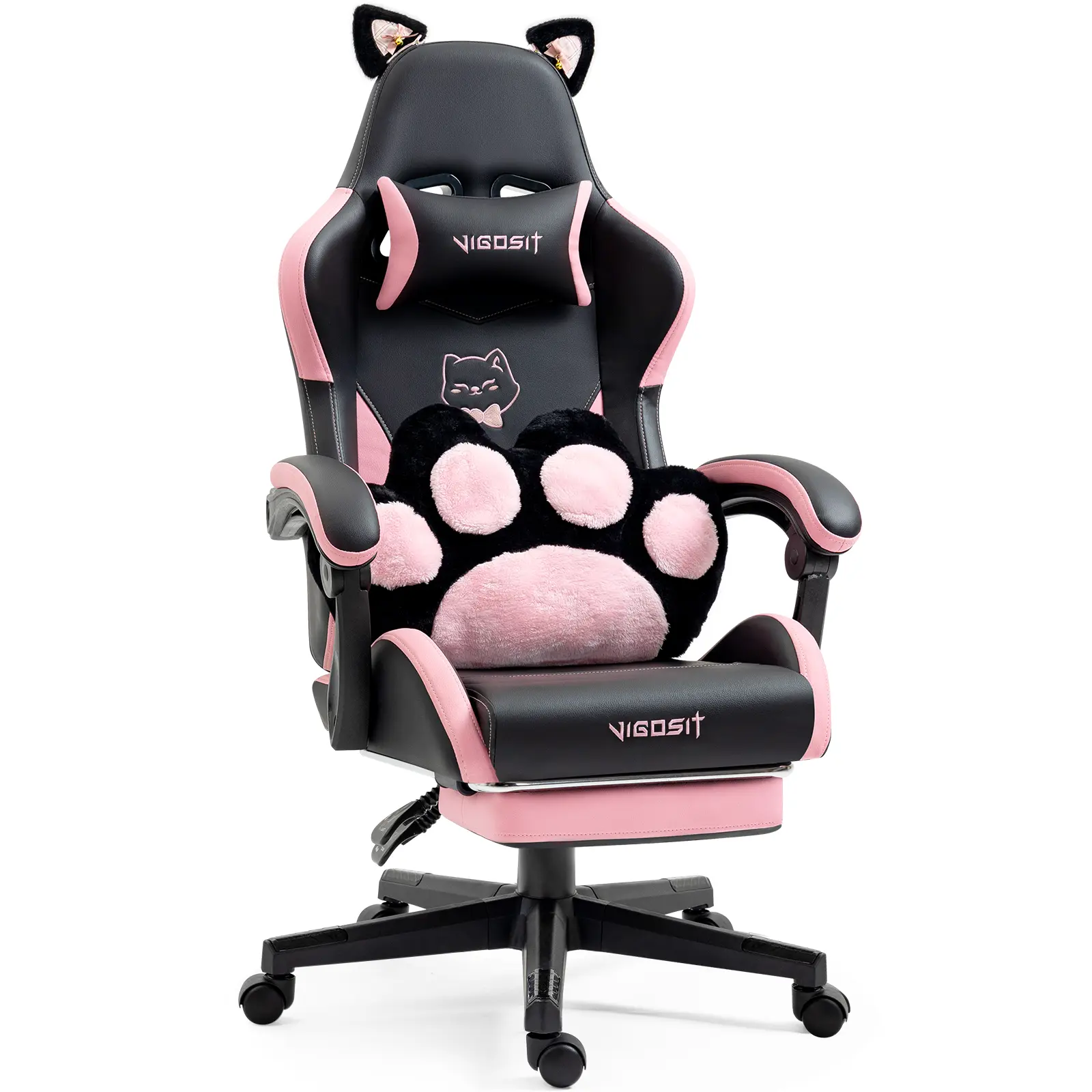 Cat Ears Gaming Chair -  PU Leather Ergonomic Reclining Office Chair with Footrest, 310lb Capacity, 6-Position Recline, 360° Swivel