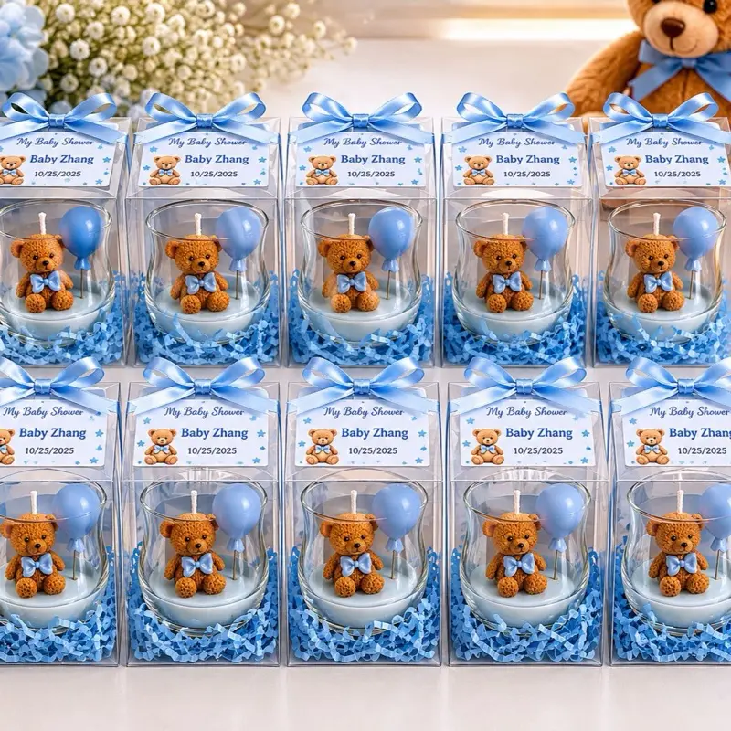 Personalized Teddy Bear Baby Shower Favors | Custom Baby Boy Candles | Party Souvenirs for Guests