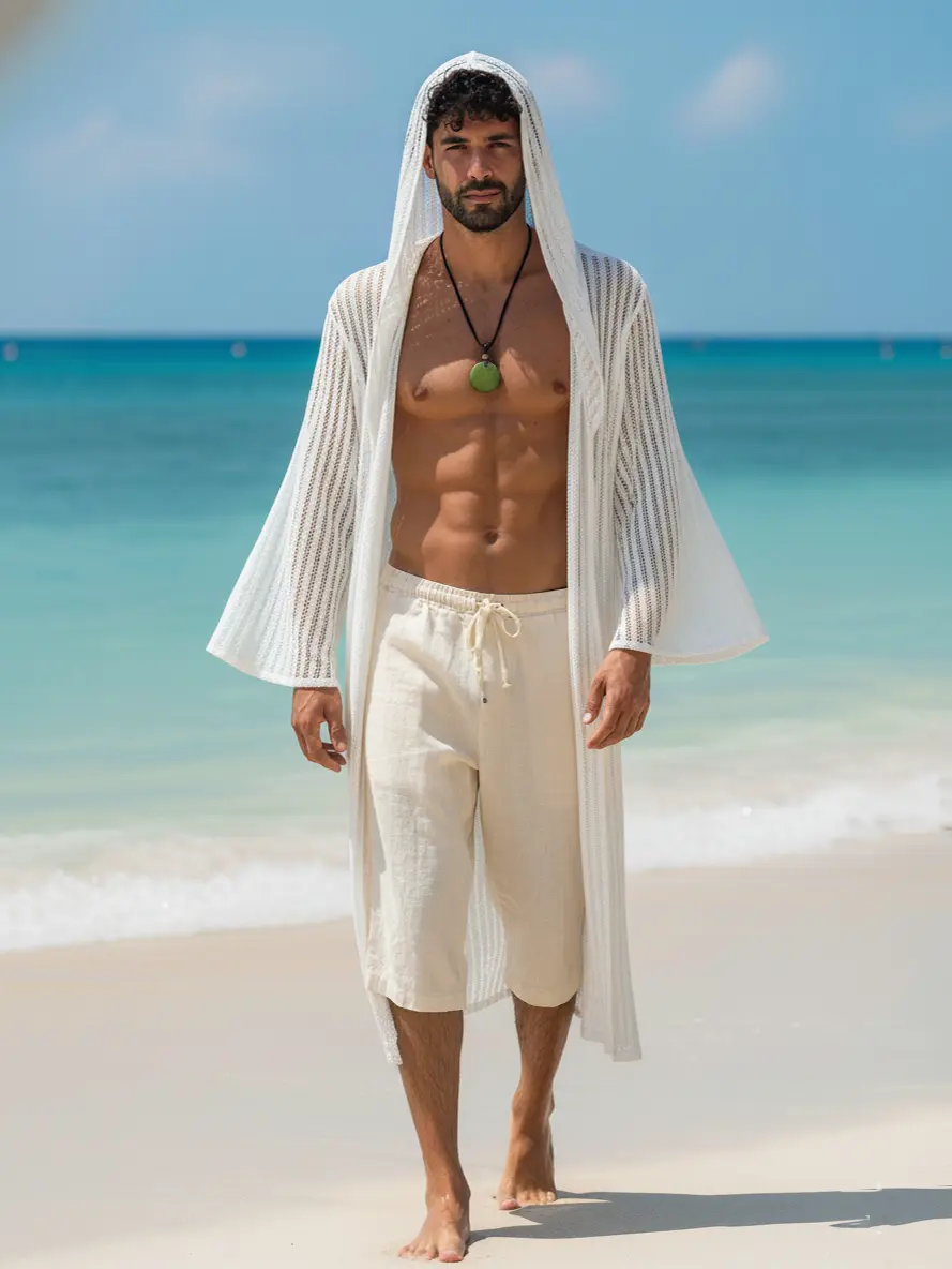 Men's White Sheer Hooded Robe – Breathable Polyester Fabric, Casual Beachwear Menswear with Natural Aesthetic Plain