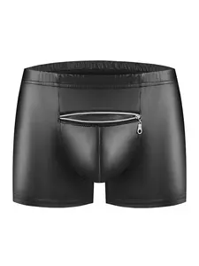Men's Shiny Soft Leather Briefs, Sexy Zipper Open Design, Elastic Waistband Padded Underwear, Comfortable and Stylish Inner Wear