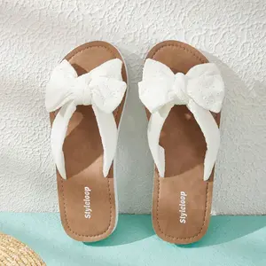 Styleloop Women's White Slides – Bow Decor Cross Strap Slippers for Summer